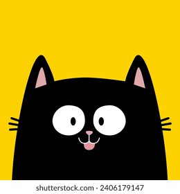 Black surprised cat kitten kitty icon. Pink tongue. Happy emotion. Cute cartoon kawaii character. Valentines Day. Greeting card, tshirt, sticker print template. Yellow background. Flat design Vector