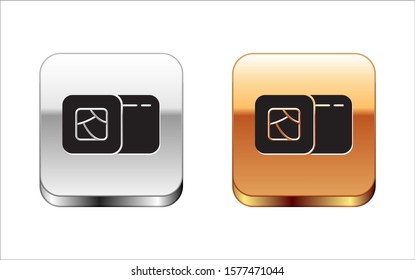 Black Sushi icon isolated on white background. Traditional Japanese food. Silver-gold square button. Vector Illustration