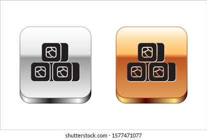 Black Sushi icon isolated on white background. Traditional Japanese food. Silver-gold square button. Vector Illustration