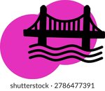Black suspension bridge icon over water waves with vibrant pink background, modern flat illustration for travel, transport, architecture, and city themes.