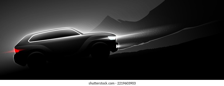 Black SUV Car Driving Uphill On The Mountains Background In A Dark Night. Wild Automobile Journey Poster Vector Illustration. Black And White Off Road Automotive Horizontal Banner Design.