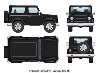 Plantilla de vector de vehículo SUV negro con colores simples sin gradientes y efectos. Vista desde un lado, frente, atrás y superior