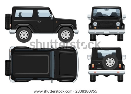 Black SUV car vector template with simple colors without gradients and effects. View from side, front, back, and top