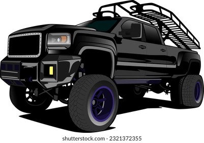 black suv pickup truck 4wd style offroad car front side wheels vector illustration