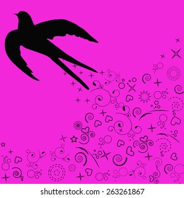 Black swallow on a purple background with patterns