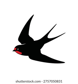 A black swallow with a red breast in flight, its wings outstretched and forked tail trailing, conveying speed and agility.