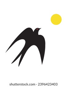 Black Swallow silhouette flying towards the moon, vector. Flying swallow simple illustration isolated on white background.
