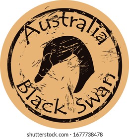 Black swan bird silhouette icon round shabby emblem design old retro style. Black swan head logo mail stamp on craft paper vintage grunge sign. Cygnus.