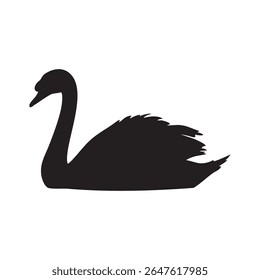 A black swan is depicted in a striking silhouette style against a white background.