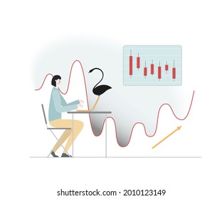 Black swan flew. Started economic decline. Market stocks fell. Girl with lapton. Vector