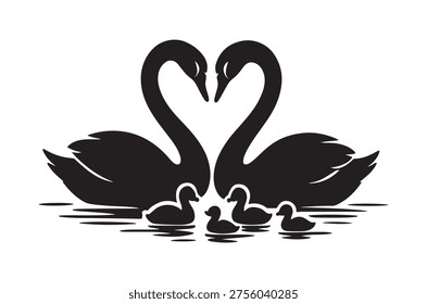 A black swan pair forms a heart with their cygnets swimming peacefully on calm water.