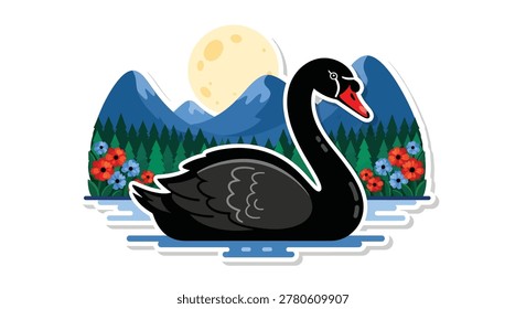 Black swan profile view floating water