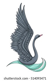 Black swan with raised wings, vector illustration isolated on white background