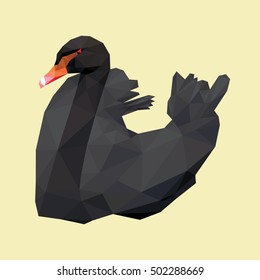 Black swan red beak low polygon isolated on yellow background