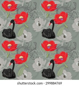 Black swan and red flowers on seamless