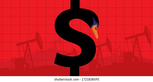 Black swan in the shape of dollar. The Black Swan Theory. Red background with oil pump jack. Concept of crash, crisis, unpredictable occasion. Vector modern illustration.