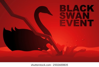 Black swan silhouette with a crashed arrow chart and the text Black Swan Event, unforeseen or unpredictable and catastrophic events in the financial world