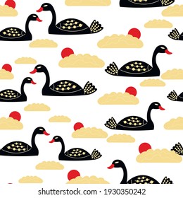 Los cisnes negros vectan un patrón sin fisuras sobre fondo blanco. Concepto de fondos de escritorio, papel de embalaje, tarjetas 