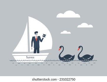 Black swans in business, unpredictable economic crisis, development obstacles, growth problems, CEO challenge, hardship management, steering company, vector flat illustration