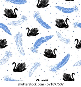 Black swans with feather pattern on a white background. Vector.