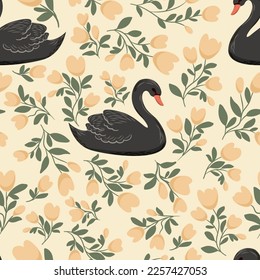 Black swans and flowers on a yellow light background. Seamless pattern. Background with birds for banners, wallpapers, wrapping papers, websites, fabrics, postcards.