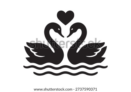 Black swans interlock necks to form a heart above wavy water, symbolizing love and devotion.