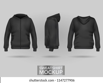 Schwarze Sweatshirt-Hoodie-Vorlage in drei Dimensionen: Front-, Seite- und Rückansicht, realistischer Farbverlauf-Maschenvektor. Kleidung für Sport und urbanen Stil