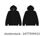 Black Sweatshirt Long Sleeve Fashion Vector Mockup Round Neck Long Sleeve Sweatshirt Fashion Flat Sketch Zip up Hoodie Technical Drawing Vector Mockups Apparel Hoodie Sweater Template Sweatshirt Long 