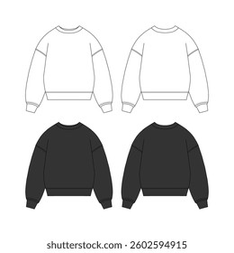 Black sweatshirt template, long sleeve sweatshirt. Fashion tech pack template for streetwear and blank vector apparel designs