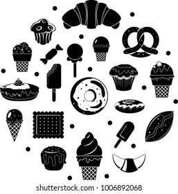 Black sweet desserts cakes candies icons on chalkboard. Vector illustration