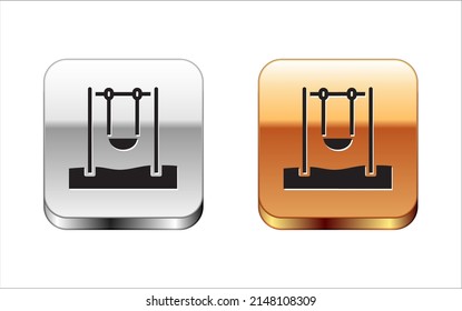 Black Swing for kids summer games on playground icon isolated on white background. Outdoor entertainment equipment. Silver and gold square buttons. Vector