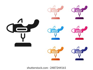 Plano de oscilación negro en el icono del patio de recreo aislado sobre fondo blanco. Carrusel de niños con avión. Icono de diversión. Establecer iconos coloridos. Vector