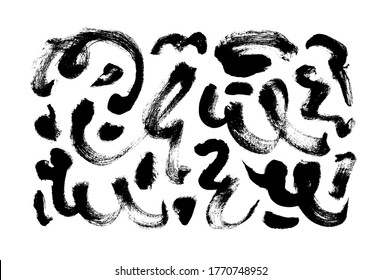 Schwarze, wirbellose trockene Bürste streichelt handgezeichnet Vektorset. Kurvig und Zickzack schwarze Pinselstriche. Grunge-Abstriche mit gewellter, doodle, Linien. Abstrakte Farbdoodle-Textur. Freeheuse-Zeichnung