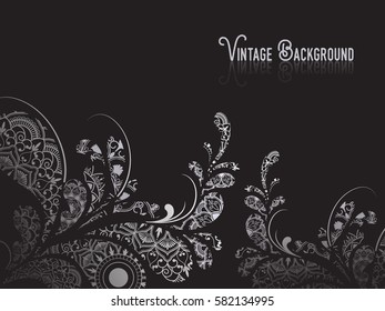 Black swirl and floral paisley vintage background. Vector illustration