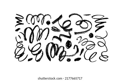 Black swirled charcoal lines with dots collection. Scribble thin curly brush strokes vector set. Dry black charcoal or pencil lines. Hand drawn calligraphy swirls, swashes and flourish. 