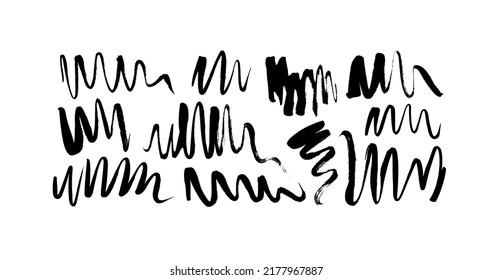 Black swirled lines and wavy brush strokes. Hand drawn calligraphy swirls, squiggles, doodle lines. Vector marker scribbles. Black paint, dry curved brush strokes isolated on white background.