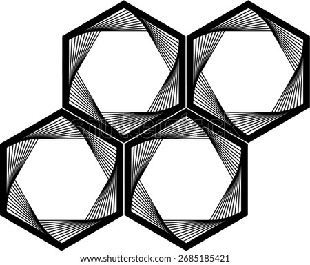 Black swirling lines hexagon shape. Vector twisted wireframe geometric element. Abstract symbol consisting of hexagons. Technology graphic spiral. Dynamic geometric shapes hexagon creative vector 