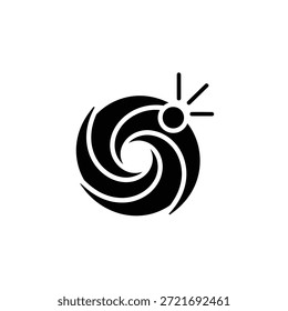 Forma de vórtice de espiral preto com um pequeno círculo e linhas radiantes sobre fundo branco