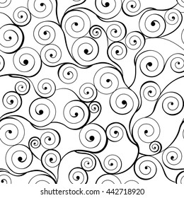 Black swirls seamless pattern on white. Vector illustration.