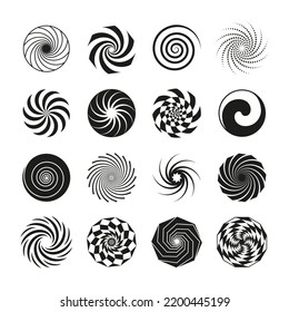 Barreras negras y espirales simples elementos gráficos. Iconos aislados con el torbellino, formas circulares espirales. Diseño vectorial ordenado de hipnosis abstracta giratoria