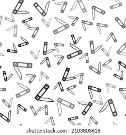 Black Swiss army knife icon isolated seamless pattern on white background. Multi-tool, multipurpose penknife. Multifunctional tool.  Vector