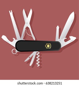 Black Swiss army knife; Black multi-tool, multipurpose penknife isolated vector 
