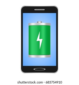 Black switched smartphones with blue display with a green flashlight with a white flash showing the phone's charge on a white background