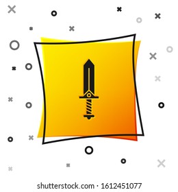 Black Sword for game icon isolated on white background. Yellow square button. Vector Illustration