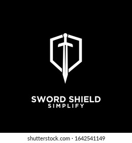 black sword and shield logo icon design vector with dark background