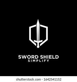 black sword and shield logo icon design vector with dark background