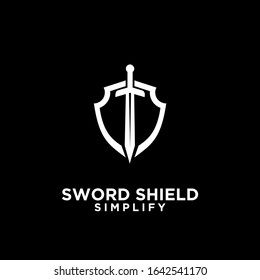 black sword and shield logo icon design vector with dark background