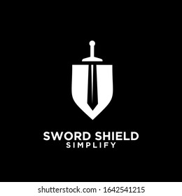 black sword and shield logo icon design vector with dark background