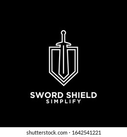 black sword and shield logo icon design vector with dark background