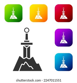 Black Sword in the stone icon isolated on white background. Excalibur the sword in the stone from the Arthurian legends. Set icons in color square buttons. Vector